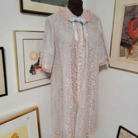 Saks Fifth Avenue Blue and Pink Lace Dressing Gown - Picture 1 of 7